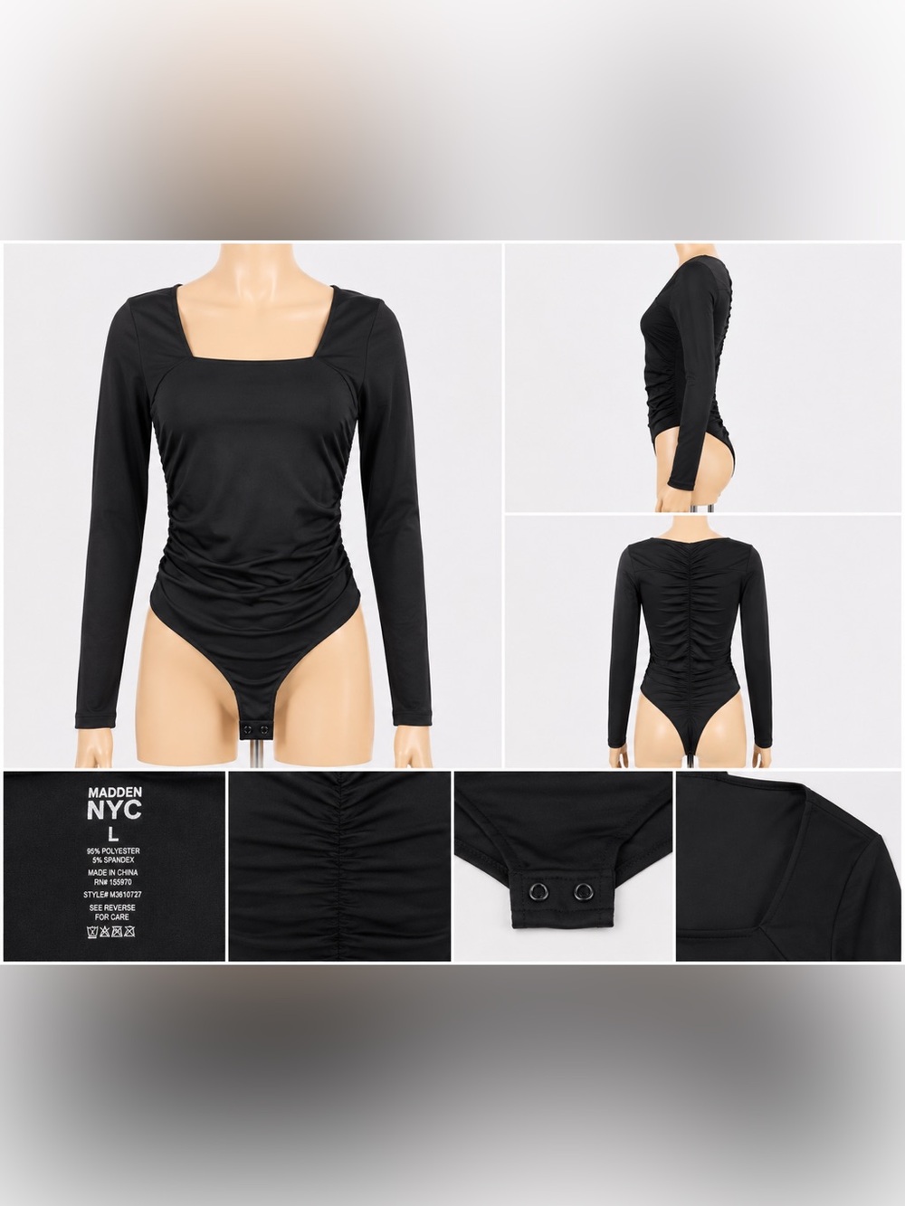 Madden NYC Black Long Sleeve Ruched Square Neck Bodysuit